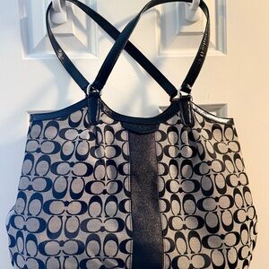 Coach Black and Gray Signature Stripe Devin Shoulder Bag